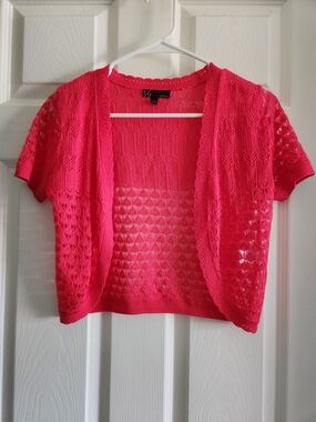 Open-Front Short Sleeve Cardigan in Bright Pinkish Red - Women's Sweater